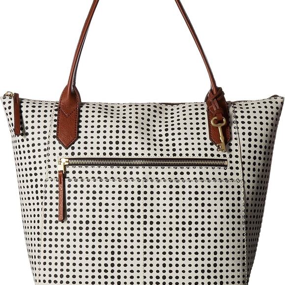 FOSSIL Emma Tote White with Black Polka Dots Brown Trim Handbag Coated Canvas - Picture 2 of 7